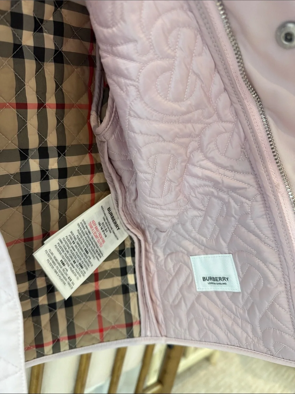 Burberry Light Pink Quilted Kids Coat with Patch Pockets